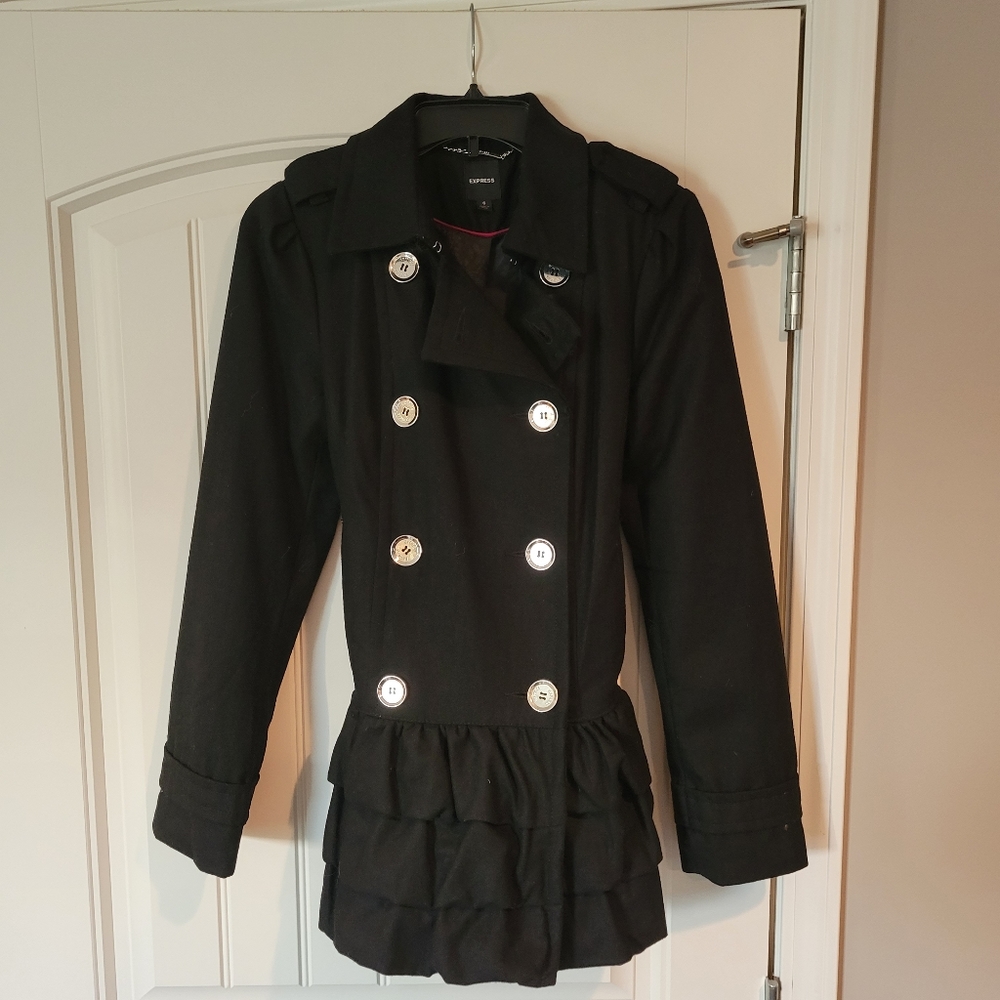 Women's Black Express Ruffled Peplum Peacoat - Size Small